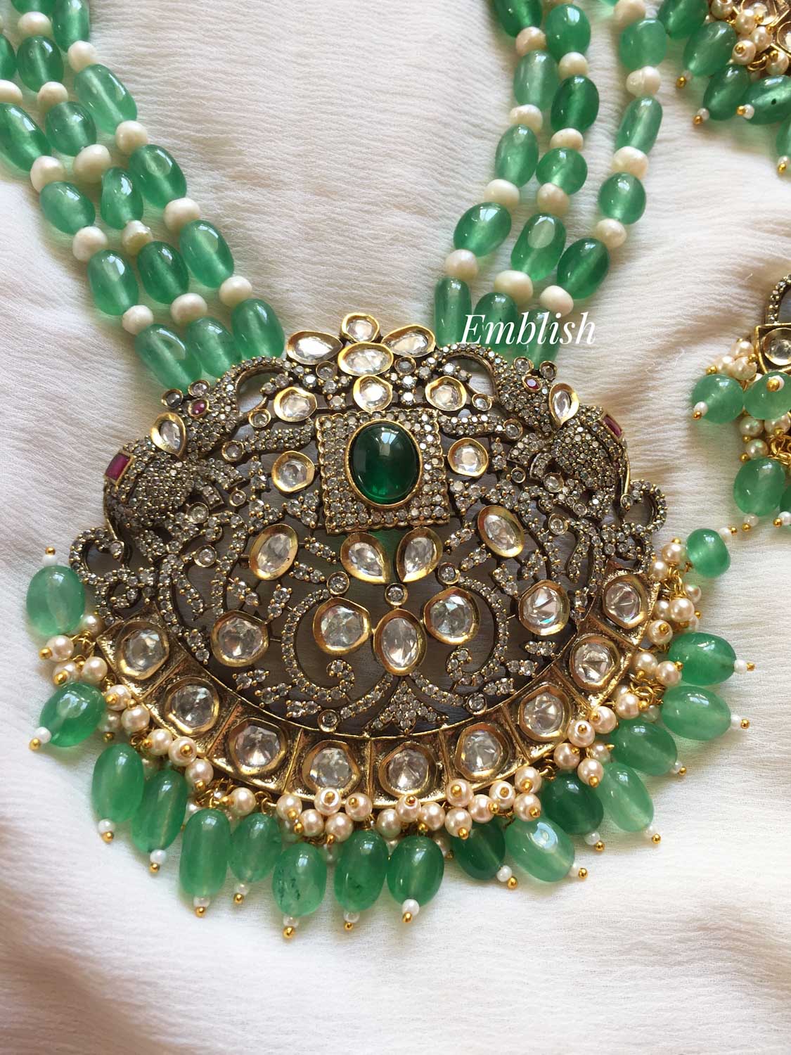 Victorian Haathi Pendant Pearl Mala Neckpiece - Pastel Green